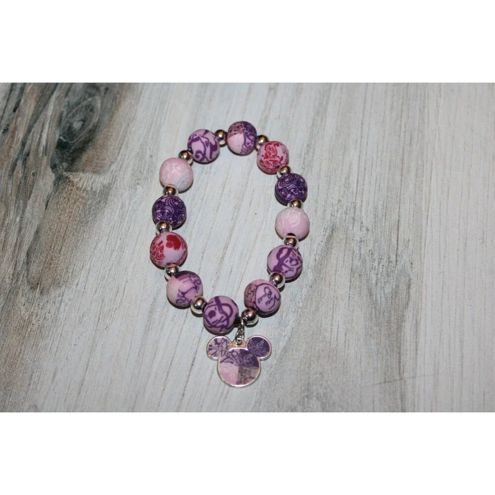 MINNIE MOUSE Pink Beaded stretch bracelet with Charm - Picture 2 of 2